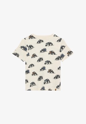 Kremowy t-shirt z krótkim rękawem z nadrukiem powtarzających się starych samochodów w kolorach niebieskim, zielonym, czarnym i pomarańczowym na teksturowanym tle.