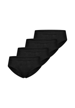 Quattro mutande nere in cotone stile slip, disposte in una pila sfalsata su uno sfondo bianco.