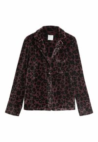 Satiinist kleidistiküljega ööpüks, tume lilla ja must leopardi muster, nööbid, rinna tasku ja nurgeline krae.