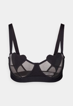 Schwarzer BH mit transparenten Mesh-Einsätzen und herzförmigen Akzenten. Verstellbare Träger, kombiniert mit glattem und strukturiertem Stoff.