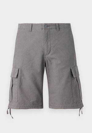 Grå cargo shorts laget av en bomullsblandingsstoff. Har sidelommer, justerbare snorer i kanten og en knapplukking.
