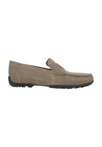 Mocassino in suede grigio con design slip-on, dotato di dettagli cuciti e suola in gomma per una buona aderenza. Texture liscia e accentuazioni minime.