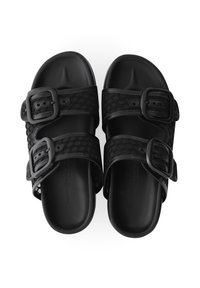 Schwarze Riemchensandalen mit zwei verstellbaren Schnallen, Netzriemen und einer glatten Gummisohle. Einfaches, modernes Design ohne Muster oder Akzente.