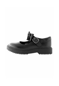 Chaussure Mary Jane en cuir noir avec un bout rond, semelle en caoutchouc, boucle réglable et nœud en ruban décoratif sur la sangle.