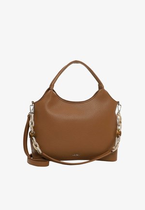 Braune handtasche aus genarbtem Leder mit glatter Oberfläche. Verfügt über zwei Griffe, einen abnehmbaren Kettenriemen und ein minimalistisches Logodetail.