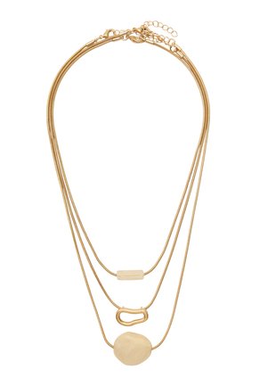 Naszyjnik w złotym odcieniu z wieloma rzędami, prezentujący gładkie kształty: nieregularny kamień, prostokątne i owalne ogniwa. Teksturowane, gładkie wykończenie, regulowane zapięcie.