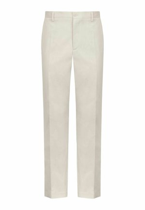 Pantalon beige coupe slim avec passants de ceinture, fermeture par bouton et pli marqué à l'avant.