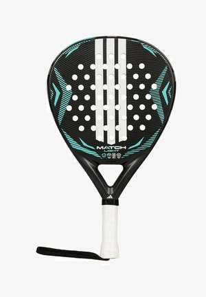 Racchetta da padel nera e turchese con una superficie traforata e una presa bianca. Presenta tre strisce bianche e un foro triangolare.
