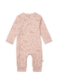 Rosa Baby-Overall aus weichem Stoff mit langen Ärmeln, Druckknopfverschluss und einem verstreuten roten Vogelmotiv.