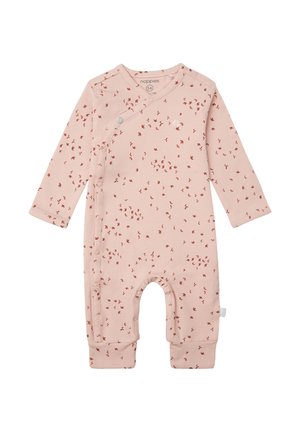 Rosa Baby-Overall aus weichem Stoff mit langen Ärmeln, Druckknopfverschluss und einem verstreuten roten Vogelmotiv.