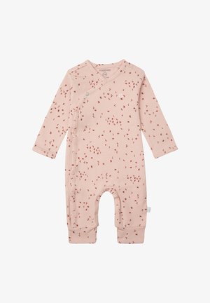 Combinaison bébé rose en tissu doux, avec des manches longues, une fermeture à pression et un motif éparpillé d'oiseaux rouges.