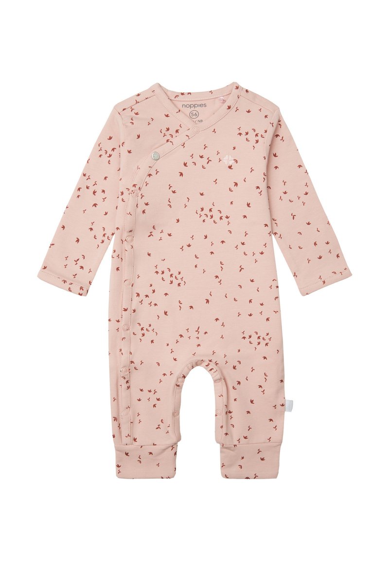 Rosa Baby-Overall aus weichem Stoff mit langen Ärmeln, Druckknopfverschluss und einem verstreuten roten Vogelmotiv.