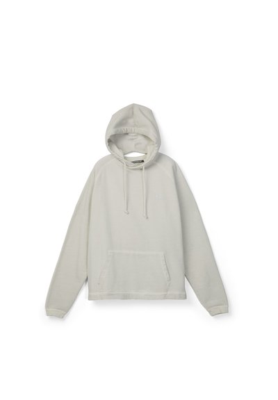 Sweat à capuche beige clair à manches longues, poche kangourou sur le devant et cordons à nouer, sur fond blanc.