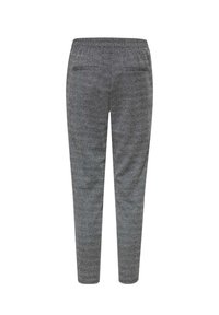 Grau gestreifte Hosen mit schmaler Passform, elastischem Bund und zwei Gesäßtaschen. Hergestellt aus gewebtem Stoff mit einer strukturierten Oberfläche.