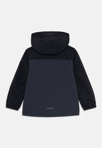 Vue arrière d'une veste à capuche noire et gris foncé avec des poignets élastiques et un logo de marque dans le bas du dos et sur la capuche.