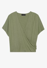 Olive green short-sleeve top with a V-neck and gathered detail on the side. Made from soft, textured fabric. Brand label: ANNA FIELD.