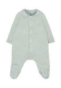 Tuta a righe verde chiaro con maniche lunghe, colletto, bottoni frontali e design con i piedi. Dettaglio a cuore sottile sul petto.