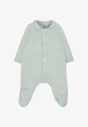 Tuta a righe verde chiaro con maniche lunghe, colletto, bottoni frontali e design con i piedi. Dettaglio a cuore sottile sul petto.