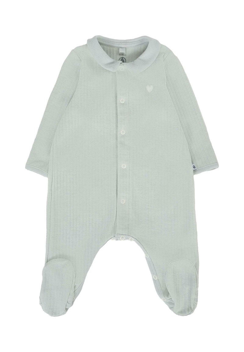 Tuta a righe verde chiaro con maniche lunghe, colletto, bottoni frontali e design con i piedi. Dettaglio a cuore sottile sul petto.