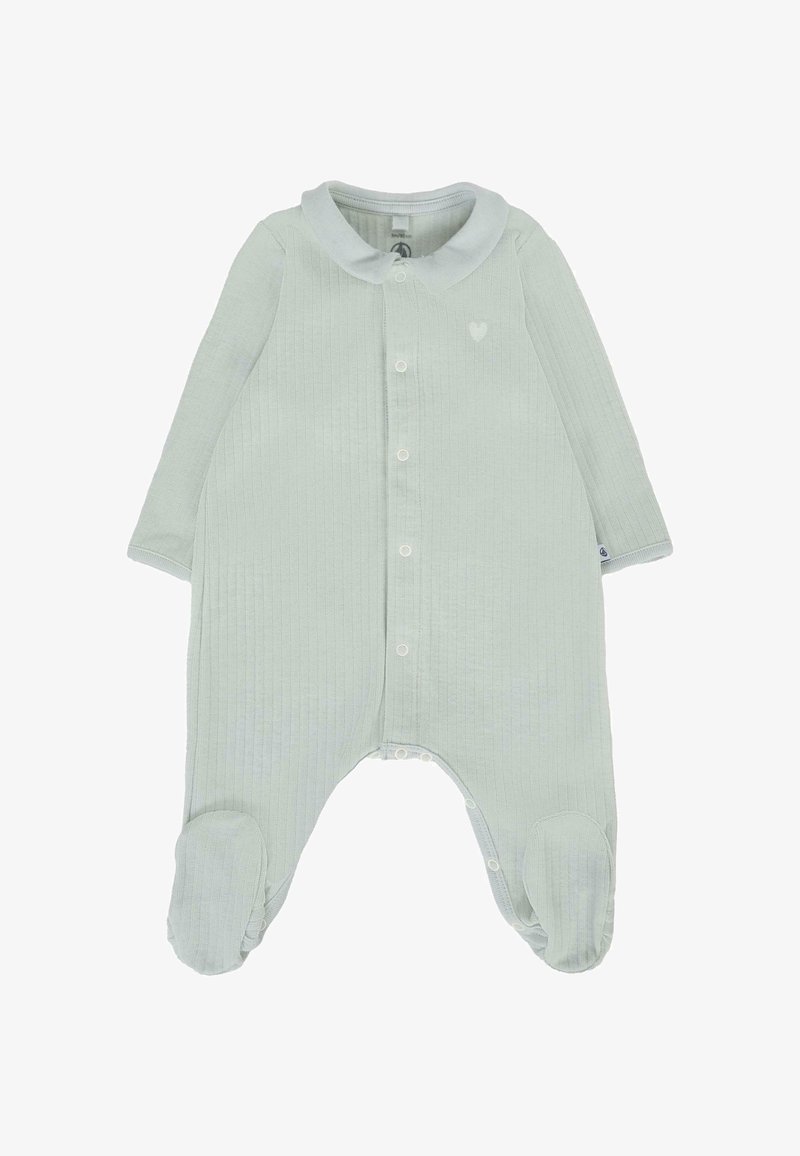 Tuta a righe verde chiaro con maniche lunghe, colletto, bottoni frontali e design con i piedi. Dettaglio a cuore sottile sul petto.