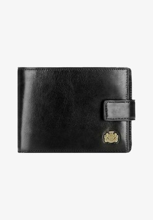 Cartera de piel negra con una textura suave, que presenta un cierre de presión y un emblema decorativo dorado en la parte frontal. Diseño compacto y rectangular.