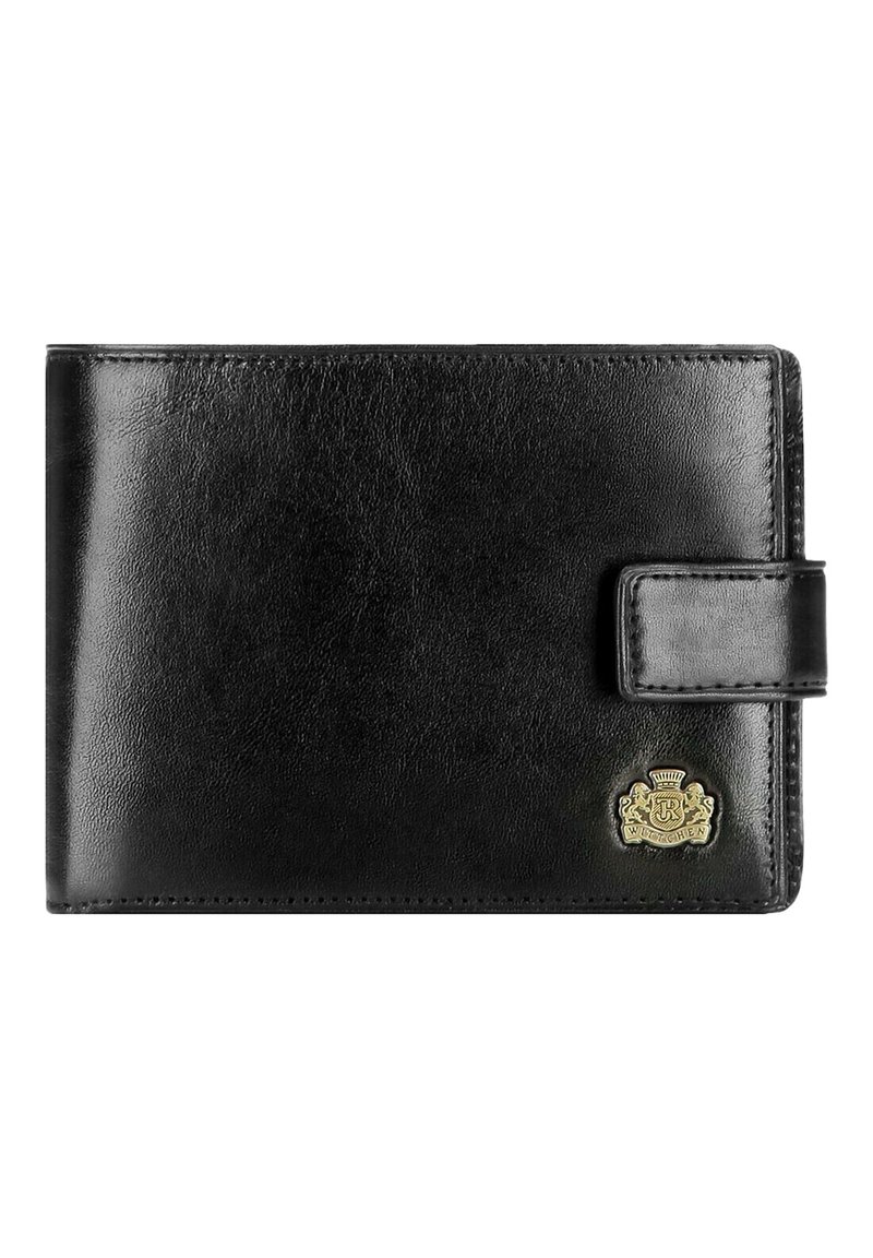 Black leather wallet with a smooth texture, featuring a snap closure and a decorative gold emblem on the front. Compact and rectangular design.
