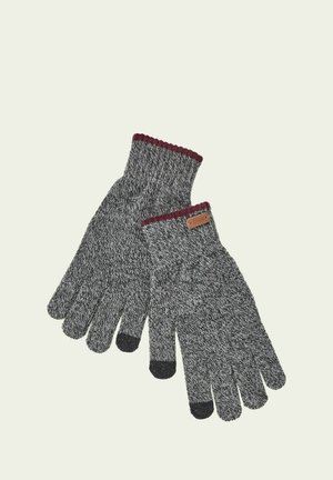 Par de guantes de punto grises con puños burdeos y puntas negras compatibles con pantalla táctil sobre un fondo claro.