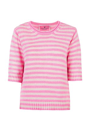 Short-sleeve knit sweater featuring horizontal pink and cream stripes, ribbed neckline, and hem. Lightweight texture and casual fit.