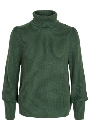 Pulover verde tricotat cu un guler înalt, mâneci lungi și o textură ribbed. Include umerii ușor bufanți și o croială relaxată.