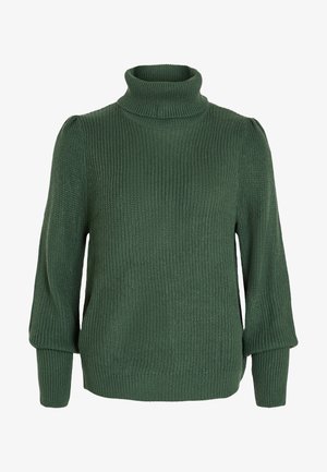 Pulover verde tricotat cu un guler înalt, mâneci lungi și o textură ribbed. Include umerii ușor bufanți și o croială relaxată.