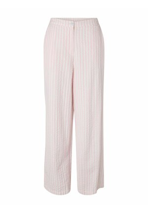 Pantalon à taille haute, jambes larges, rayé verticalement en rose clair et blanc, avec fermeture à boutons sur le devant et tissu texturé.