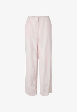 Pantalon à taille haute, jambes larges, rayé verticalement en rose clair et blanc, avec fermeture à boutons sur le devant et tissu texturé.