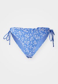 Bas de bikini floral bleu avec une taille froncée, des liens sur les côtés et des panneaux bleus contrastants. Fabriqué en tissu lisse et extensible.