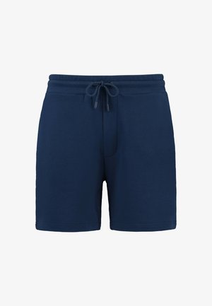 Tamsiai mėlynos medvilnės šortai su elastinga juosta, dekoratyvine virvele ir šoninėmis kišenėmis. Lygus paviršius, kelio ilgio dizainas.