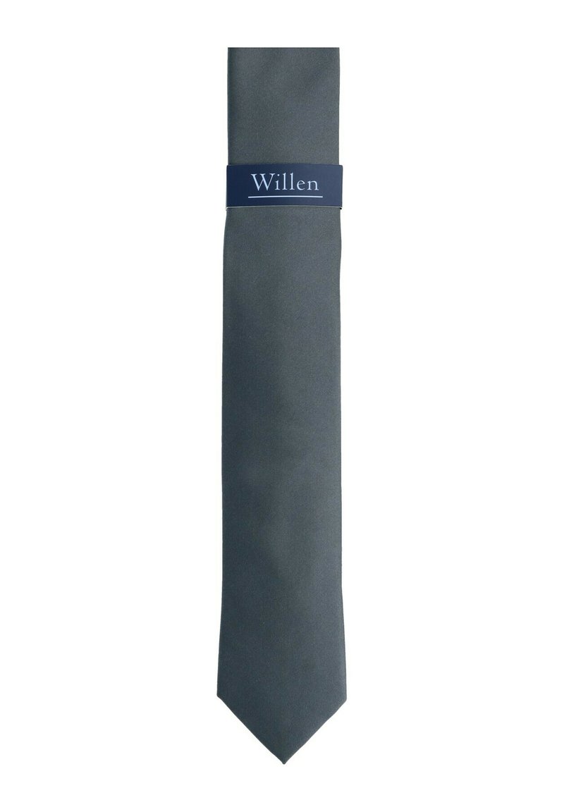 Grau gefärbte Krawatte mit einer glatten Satinoberfläche und schmaler Form, gesichert mit einem dunkelblauen Band mit der Aufschrift "Willen."