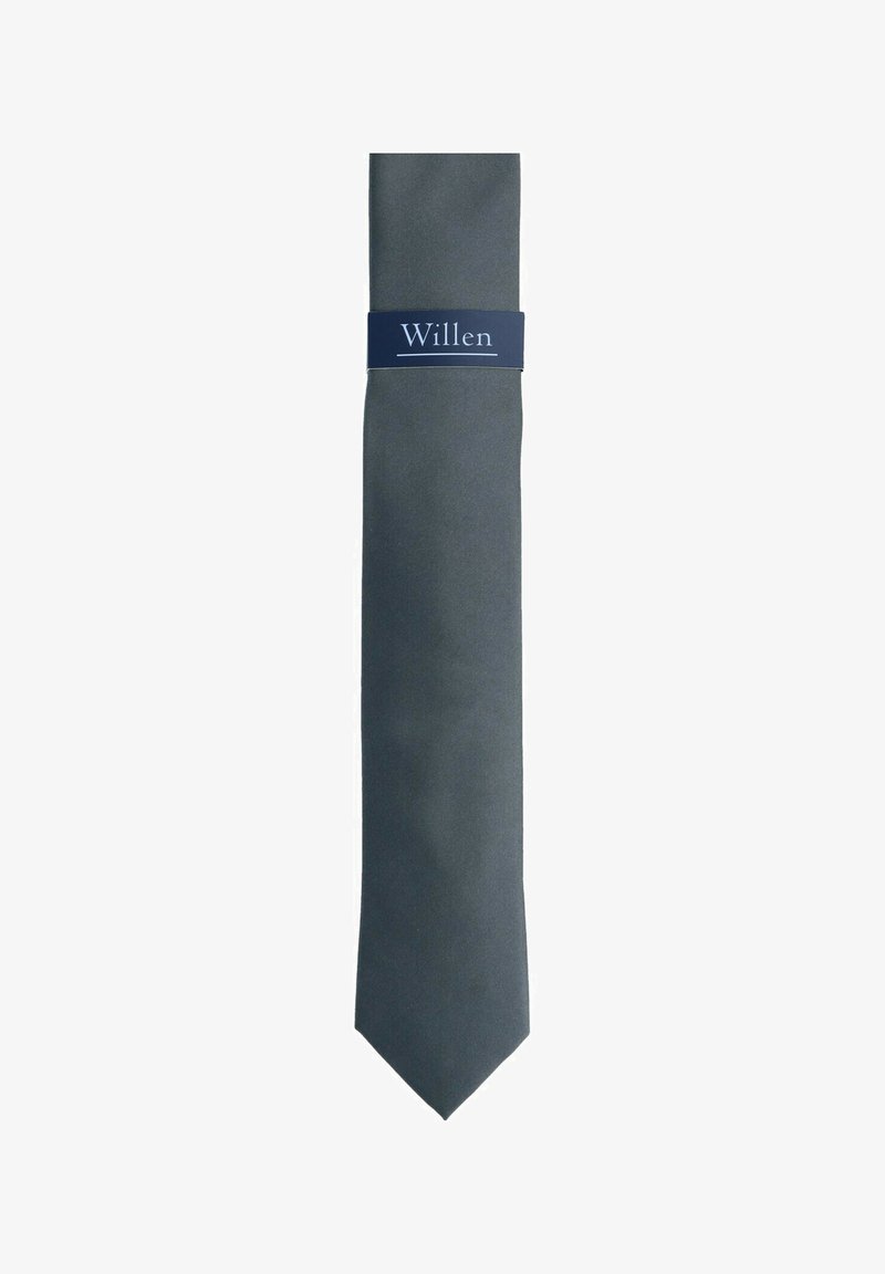 Grey necktie featuring a smooth satin texture and a narrow shape, secured with a dark blue band labeled "Willen."