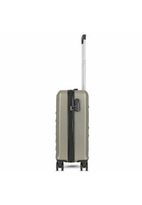 Hard-shell suitcase in olive green with textured surface, dual wheels, and a black zipper. Features a telescopic handle and locking mechanism.
