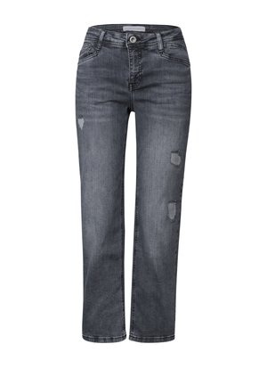 Jeans en denim gris avec une coupe droite, présentant des zones déchirées sur le devant, une fermeture à bouton classique et cinq poches.