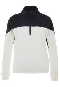 Chaqueta de pullover con media cremallera, diseño en bloques de color blanco y negro, material ligero, dobladillo inferior elástico, bolsillos laterales y logo bordado.