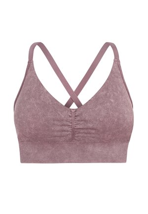 Mavri športni modrček z mehko teksturo, ki ima zasnovo z križnimi naramnicami in nastavljive naramnice. Vključuje širok pas na dnu.