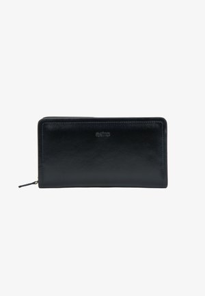 Portofel negru din piele, cu fermoar în jur, cu inscripția „estro” în relief pe față, formă dreptunghiulară, textură netedă și margini cusute.