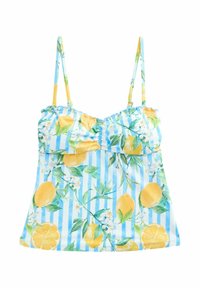 Lemonpatroon tanktop met een lichtblauwe en witte gestreepte uitstraling, een gerimpelde buste, dunne bandjes en bloemaccenten. Het materiaal lijkt glad.