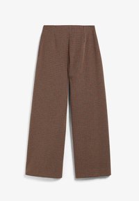 Braun karierte Hosen mit weitem Bein, subtiler Textur und Vorderfalten, im karierter Muster aus dunklen und hellen Farbtönen.