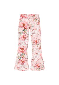 Rurki w stylu dzwonów w miękkim różowym materiale, z nadrukiem w kwiaty, w tym piwonie w odcieniach różu i zieleni. Elastyczny pas.