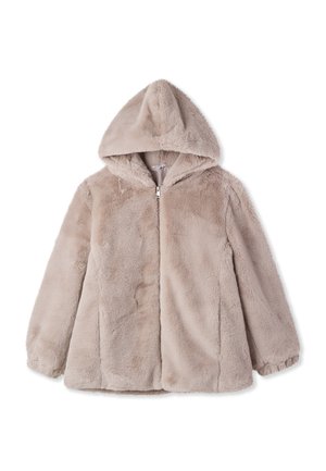 Giacca con cappuccio in finta pelliccia di un beige chiaro. Presenta una chiusura con zip, una texture morbida e una vestibilità comoda con maniche lunghe e orlo arrotondato.