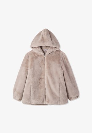 Giacca con cappuccio in finta pelliccia di un beige chiaro. Presenta una chiusura con zip, una texture morbida e una vestibilità comoda con maniche lunghe e orlo arrotondato.