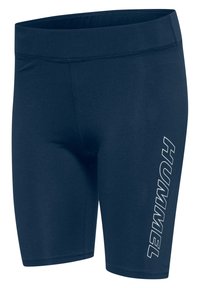 Marineblauwe sportshorts gemaakt van rekbare stof, met een aansluitend ontwerp, een brede tailleband en het 'HUMMEL'-logo in het wit aan de zijkant.