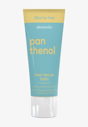 Tube Alessandro Panthenol hielreparatiebalsem met blauwe en gele verpakking, gelabeld met "25 ml gratis" en "voor zachte en gladde voeten."