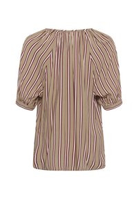 Blouse ample beige à rayures verticales noires, blanches et rouges, encolure froncée et manches courtes bouffantes avec poignets.