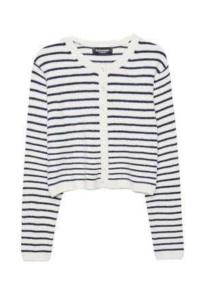 Kurz geschnittener Cardigan aus weichem Strickstoff mit horizontalen navy-blauen und weißen Streifen, rundem Ausschnitt und Front mit sechs Knöpfen.